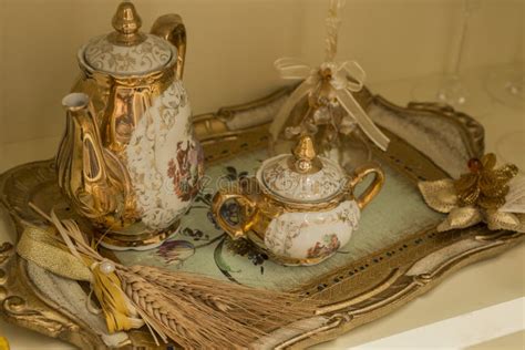 Antique Tea Service Decorated In Gold Stock Photo Image Of Object