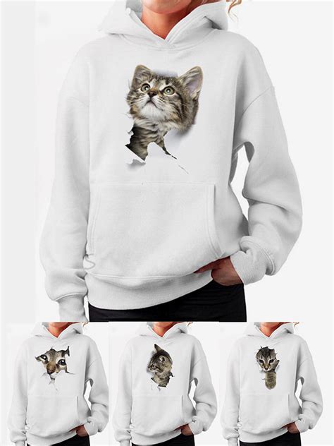 Cat Print Long Sleeve Casual Hooded White Women Sweatshirt Sweater