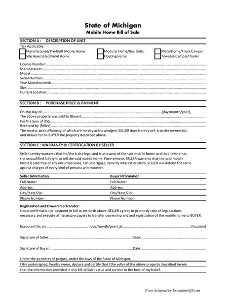 Free Michigan Mobile Home Bill Of Sale Template And Printable Form