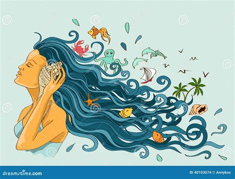 Illustration With Girl Listening Seashell Stock Vector Illustration