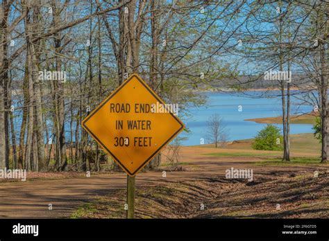 Road Ends In Water Waning Sign At Enid Lake In Oakland Mississippi