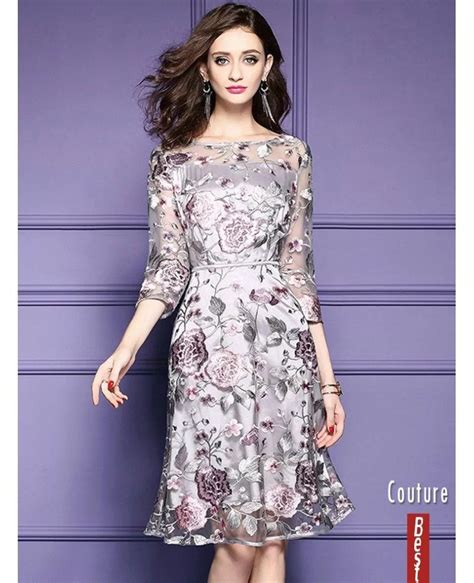 Grey Embroidery Knee Length Floral Party Dress Wedding Guests Zl8094