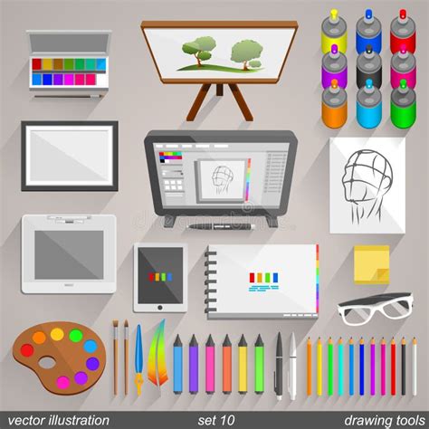 Doodle Colored Art Materials Collection Hand Drawn Art Icons Set