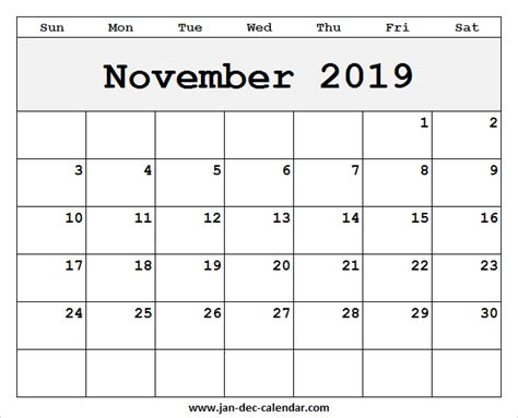 Blank November 2019 Calendar Template November Calendar 2019 Printable