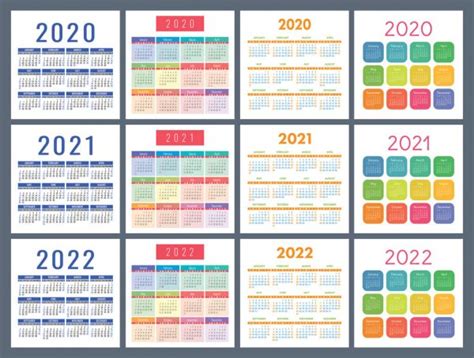 Calendar 2020 2021 2022 Years Colorful Vector Set Week Starts Stock