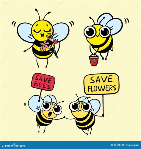 Save The Bees Funny Bees Drawing Illustration With Cute Cartoon Bees And Signboards