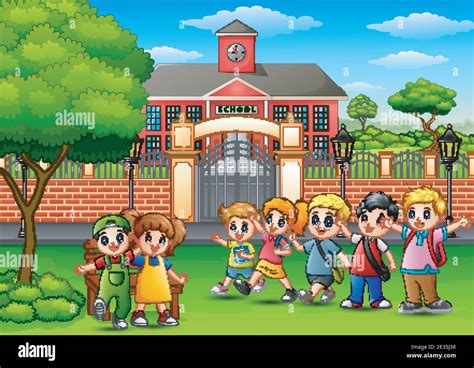 Vector Illustration Of Happy School Children Standing In Front Of
