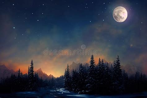 Amazing Winter Scenery Landscape With Magical Winter Night With Full
