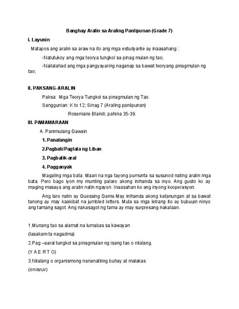 Detailed Lesson Plan Araling Panlipunan Grade 7 Banghay Aralin Sa
