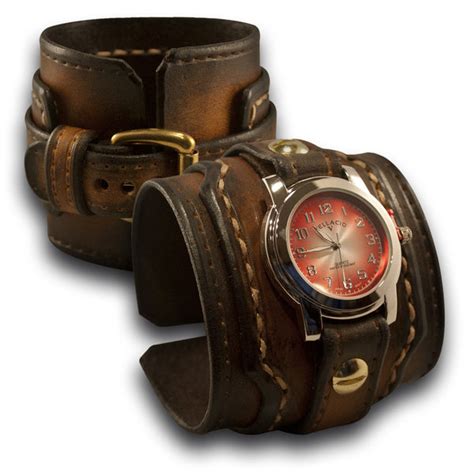 Brown Stressed Drake Leather Cuff Watch With Beige Stitching Rockstar