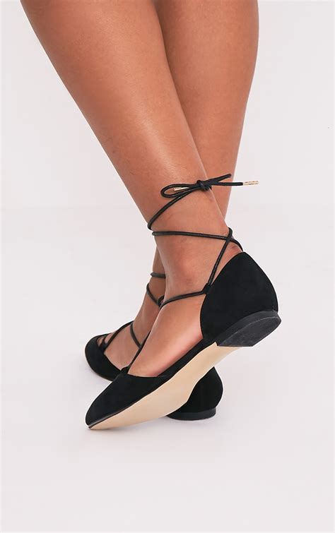 Vienna Black Faux Suede Lace Up Ballet Flats Flats