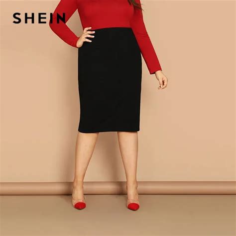 Shein Black Solid Women Plus Size Elegant Pencil Skirt Spring Autumn