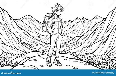 Coloring Book: Boy Exploring Mountain Terrain, Generated by AI Stock