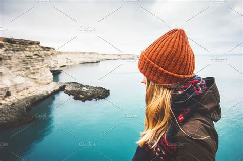 Woman Enjoying Cold Sea View Alone High Quality People Images