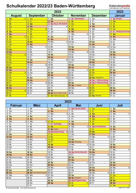 Schulkalender 2022 2023 Baden W 252 Rttemberg F 252 R Excel Riset