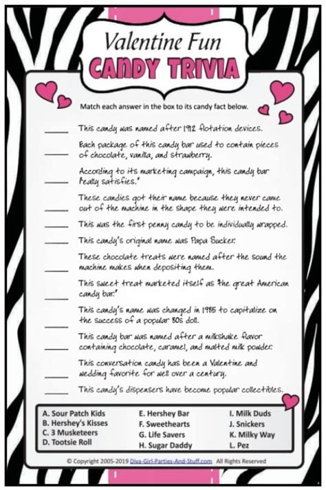 Free fun trivia quiz with questions about the arts, books, plays, authors. Valentine Fun Candy Trivia Printable Game