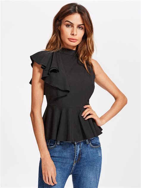 Shop One Side Flounce Sleeve Peplum Blouse Online Shein Offers One