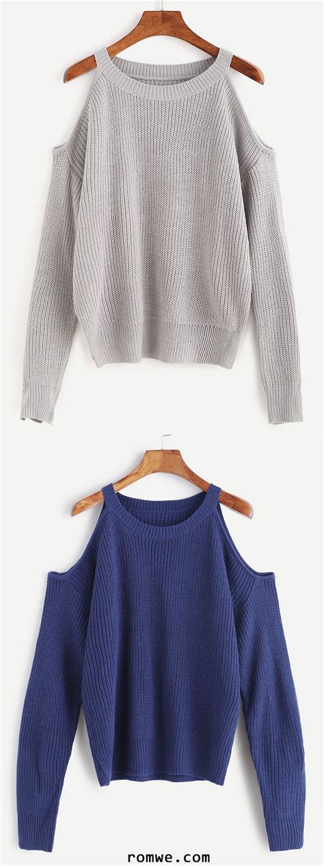 Dark Blue Open Shoulder Knit Sweater Cute Winter Outfits Open