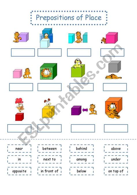 These types of exercises are great to teach your kids to distinguish between the 3 most common prepositions. Prepositions of Place - ESL worksheet by emstacks