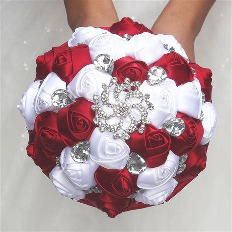Red and white flowers bouquet. Burgundy Wine Red White Satin Rose Wedding Bridal Bouquet ...