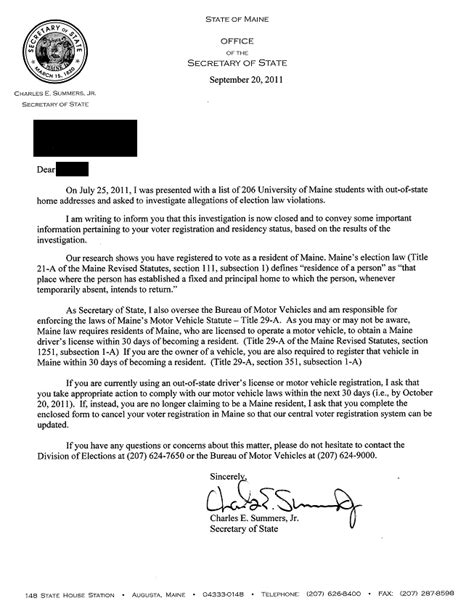 A resignation letter is a brief, formal business letter that states your intent to leave, the date, your gratitude and offer of. Voter Suppression In Maine: A Tale of Two Charlies | Demos