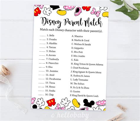 Disney Parent Match Baby Shower Game Coed Baby Shower Games