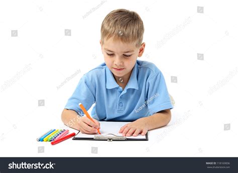Little Boy Writing Pencils On White Stock Photo 118169836 Shutterstock