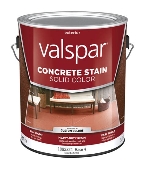 It forms a low gloss, durable finish that protects against hot tire pickup, flaking and peeling. Valspar Solid Base 4 Resin Concrete Stain 1 gal. - Case Of ...