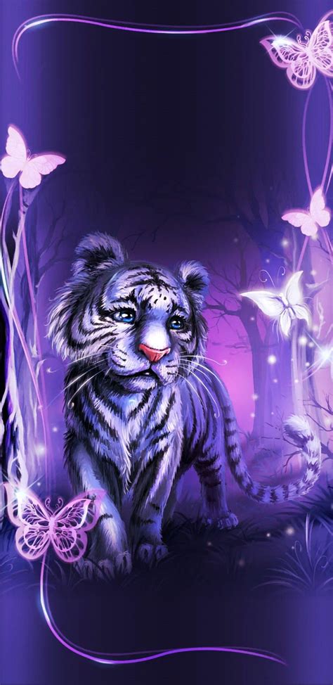 A White Tiger Sitting In The Middle Of A Forest With Butterflies Around It And An Ornate Frame