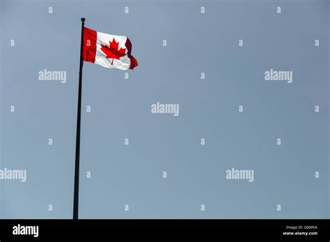 Canadian Flag Waving Over Pale Blue Sky Stock Photo Alamy