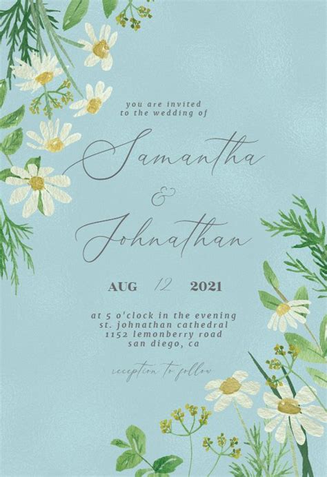 A Wedding Card With Daisies And Greenery On The Front In Light Blue