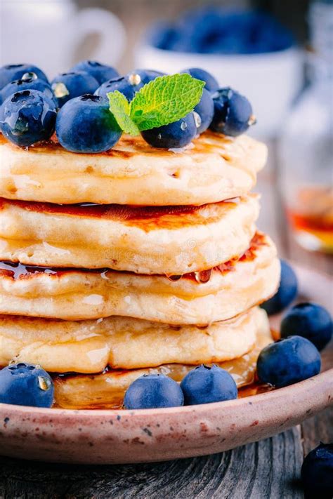 Delicious Pancakes With Fresh Blueberries And Honey Stock Photo Image
