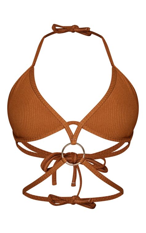 Brown Underwired Ribbed Ring Bikini Top Prettylittlething