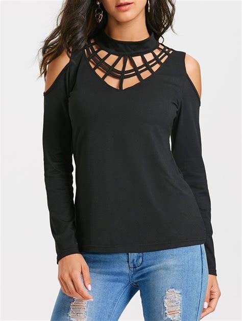 17 Off 2020 Cold Shoulder Long Sleeve Cut Out T Shirt In Black