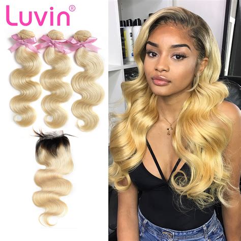 Luvin 613 Blonde Brazilian Body Wave Human Hair Bundles With Closure 3