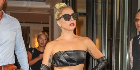 Lady Gaga Wears Very Extra Leather Crop Top Skirt And Evening Gloves