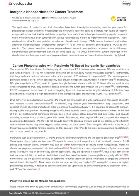 Pdf Inorganic Nanoparticles For Cancer Treatment Scholarly Community