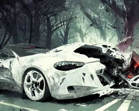 A White Fast Car Crash Horror Scene Dramatic Anime Stable