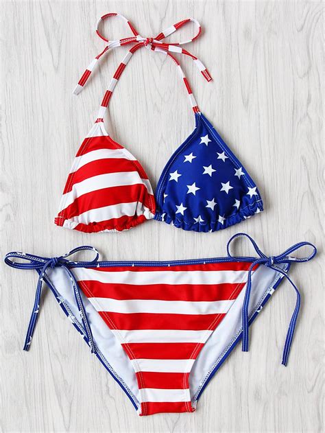 Romwe Romwe American Flag Print Side Tie Bikini Set