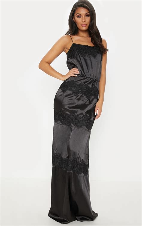 Black Lace Trim Satin Tiered Dress Dresses Prettylittlething Ca