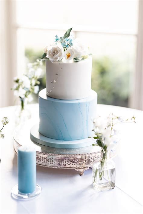 Elegant 2 Tier Dusty Blue Wedding Cake With Silver Leaf And Sugar