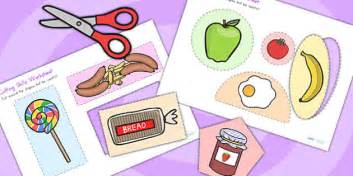 Carefully cut along the lines. Food Themed Cutting Skills Worksheets (teacher made)