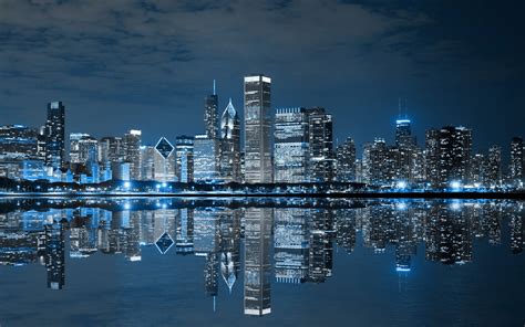 Download Chicago Skyline In Blue Lights Wallpaper