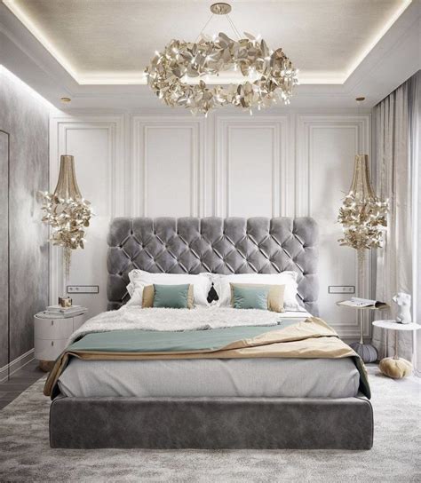 Gorgeous Grey And Gold Glam Bedroom Decor With Diamond Tufted Bed In