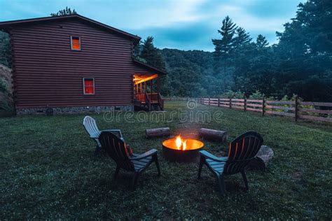 Fire Pit Outdoor Fire Pit With Red Flame Cozy Log Cabin Home In