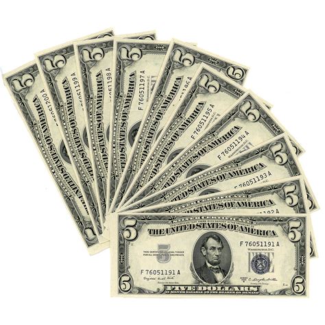 1953B $5 Silver Certificates CU Sequential Set of 10 | Golden Eagle Coins