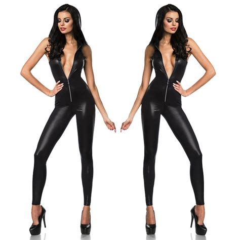 Sexy Women Faux Leather Catsuit Wetlook Jumpsuit Front Zipper Stretch Clubwear Erotic Black PU