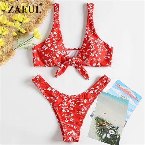 Zaful Bikini Tiny Floral Knotted Swimwear Women Swimsuit Low Waist Plunging Neck Thong Bikini