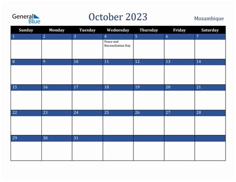 October 2023 Monthly Calendar With Mozambique Holidays