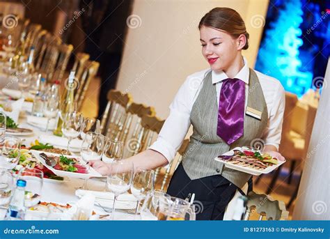 Restaurant Waitress Serving Table With Food Stock Image Image Of